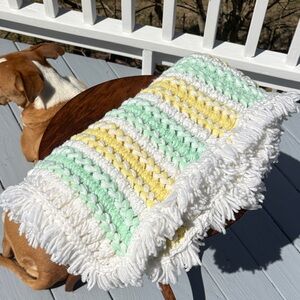 Handmade Crochet Fringe Baby Blanket - White, Mint & Yellow Brand New